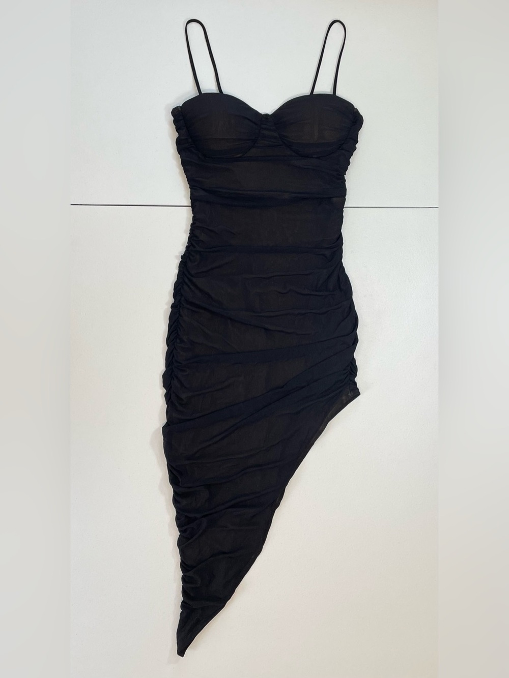 Windsor Black Asymmetric Bodycon Mini Dress - Sparkly Sheer Ruched - Size Medium